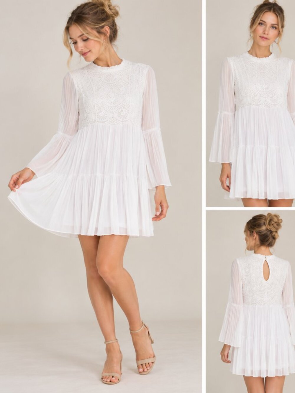 Forever 21 Contemporary White Lace Pleated Dress Bell Sleeves Size L